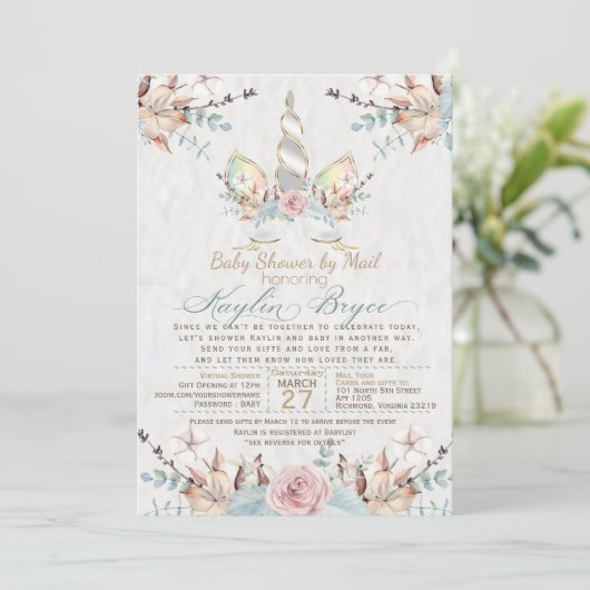Woodland Unicorn Virtual Baby Shower Kaylin5 Inv Einladung (Stehend Vorderseite)