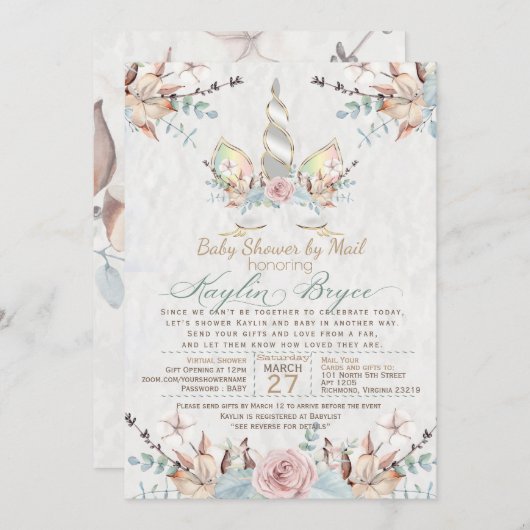 Woodland Unicorn Virtual Baby Shower Kaylin5 Inv Einladung (Vorne/Hinten)