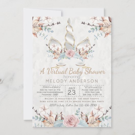 Woodland Unicorn Virtual Baby Shower Silver Einladung (Vorderseite)