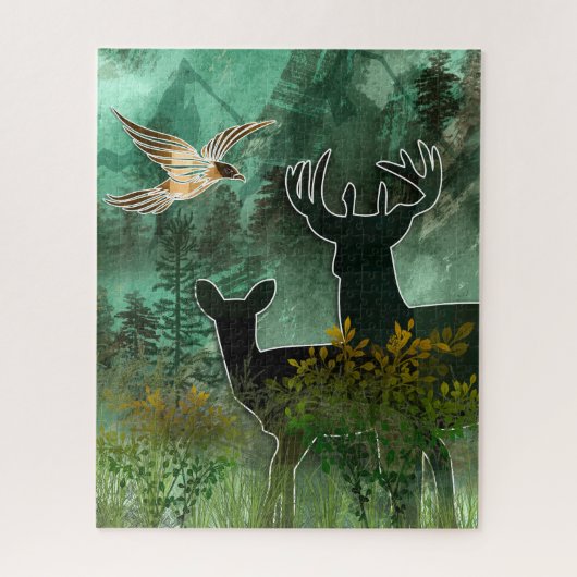 Woodland Union Pair of Deer and Hawk Puzzle (Vertikal)