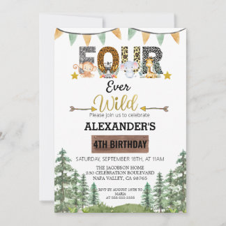 Woodland Vier je Wild Geburtstag Einladung