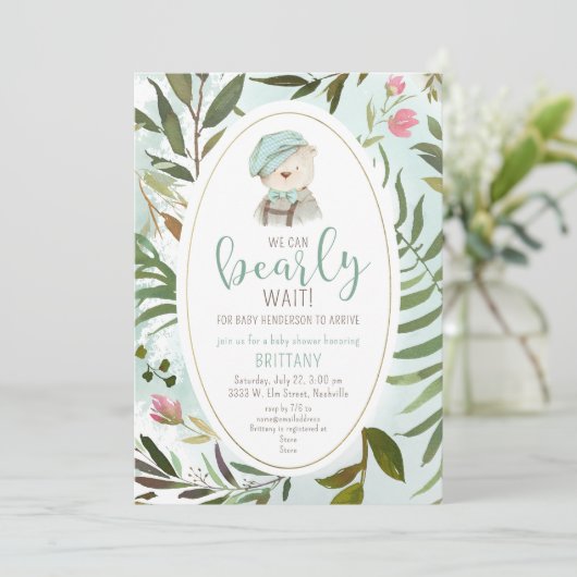 Woodland Vintag Greenery Teddy Bear Babydusche Einladung (Stehend Vorderseite)