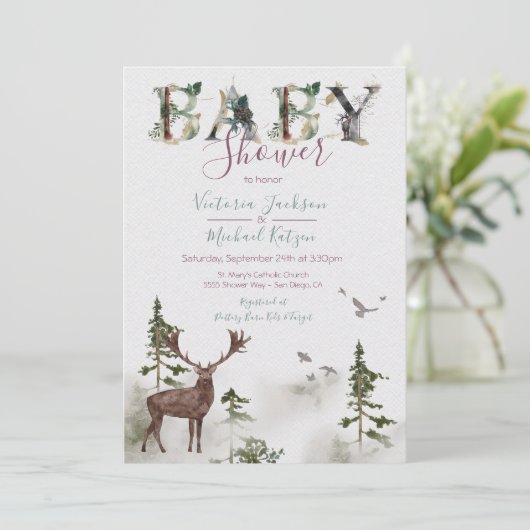 Woodland Watercolor Forest Baby Dusche Einladung (Stehend Vorderseite)