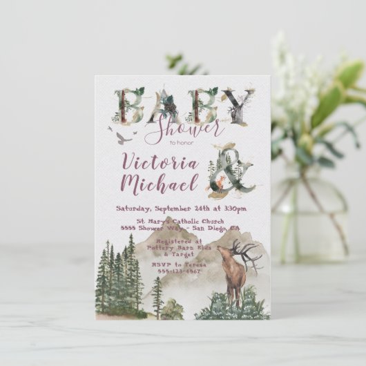 Woodland Watercolor Forest Mountain Babydusche Einladung (Stehend Vorderseite)