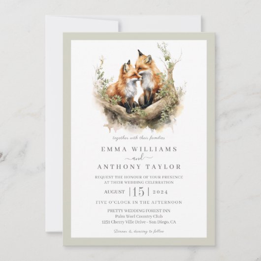 Woodland Watercolor Fox Couple Wedding Einladung (Vorderseite)