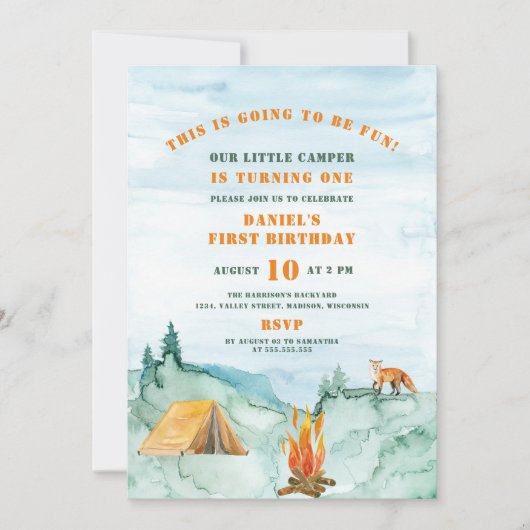 Woodland Watercolor Kleine Camper Erster Geburtsta Einladung (Vorderseite)