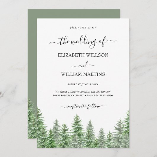 Woodland Watercolor Pine Forest Script Hochzeit Einladung (Vorne/Hinten)