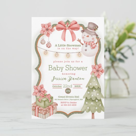 Woodland Weihnachten Snowman Baby Dusche Einladung (Stehend Vorderseite)