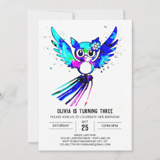 Woodland Whimsical Digital Owl Geburtstag Einladung