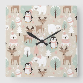 Woodland Whimsical Forest Animals Winter Quadratische Wanduhr