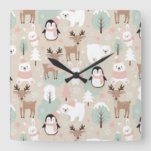 Woodland Whimsical Forest Animals Winter Quadratische Wanduhr (Vorderseite)