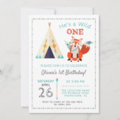 Woodland Wild One Fox Boho Teepee Boy1st Geburtsta Einladung (Vorderseite)