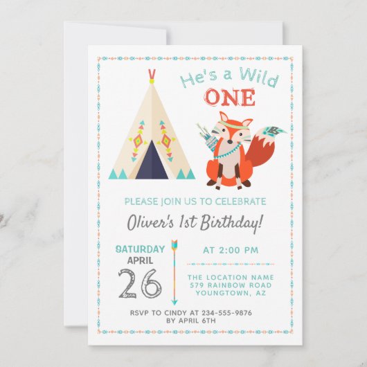 Woodland Wild One Fox Boho Teepee Boy1st Geburtsta Einladung (Vorderseite)