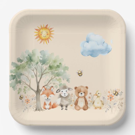 Woodland Wildlife Baby Dusche Bleipfirsich Pappteller (Vorderseite)