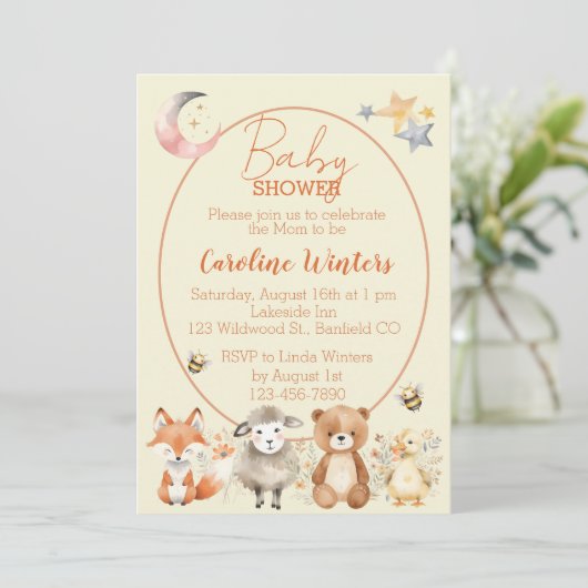 Woodland Wildlife Baby Dusche Einladung (Stehend Vorderseite)