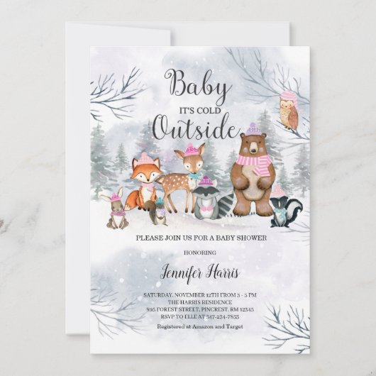 Woodland Winter Baby Shower Girl Invasionwald Einladung (Vorderseite)