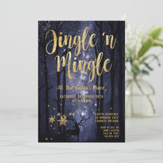 Woodland Winter Jingle Gold Feiertage Einladung (Stehend Vorderseite)