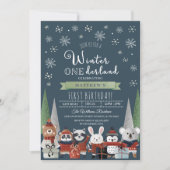 Woodland Winter Onederland Erster Geburtstag Einladung (Vorderseite)