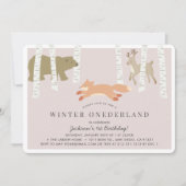 Woodland Winter Onederland Pink 1. Geburtstag Einladung (Vorderseite)