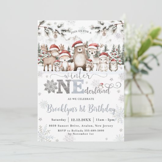 Woodland Winter ONEderland Weihnachten 1. Geburtst Einladung (Stehend Vorderseite)