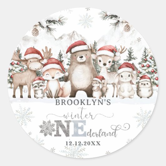 Woodland Winter ONEderland Weihnachten 1. Geburtst Runder Aufkleber (Vorderseite)