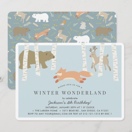 Woodland Winter Wonderland Blue Birthday Einladung (Vorne/Hinten)