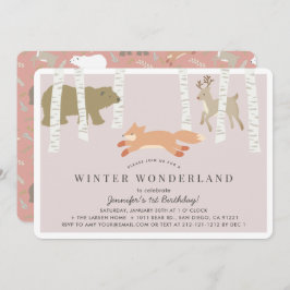 Woodland Winter Wunderland Pink Girl Geburtstag Einladung