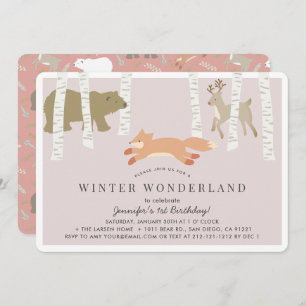 Woodland Winter Wunderland Pink Girl Geburtstag Einladung