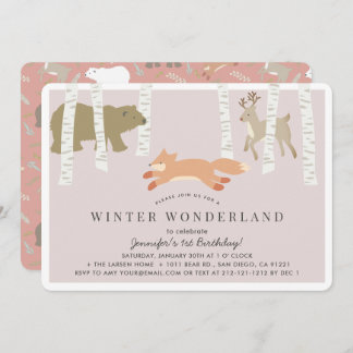 Woodland Winter Wunderland Pink Girl Geburtstag Einladung