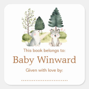 Woodland Wolf Baby Dusche Buchzeichen Quadratischer Aufkleber