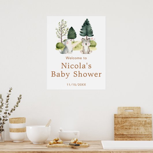 Woodland Wolf Baby Dusche Willkommenspender Poster (Küche)