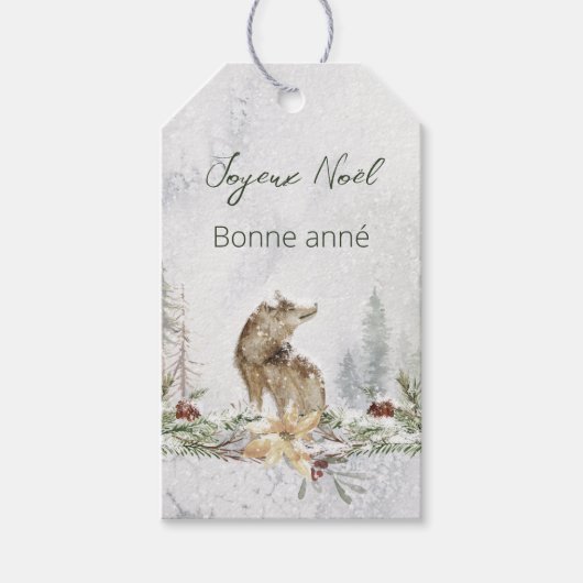 Woodland Wolf Französisch frohe Weihnachten Neues Geschenkanhänger (Vorderseite)