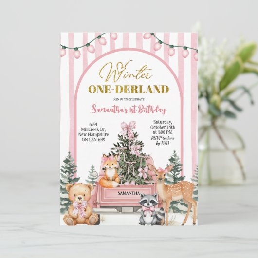 Woodlands Winter Onederland Girl First Birthday Einladung (Stehend Vorderseite)