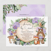 Woodlandtiere Lila Blumenbabwdusche per Post Einladung (Vorne/Hinten)