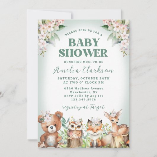 Woodlandtiere weiche grüne & florale Babydusche Einladung (Vorderseite)