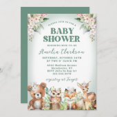 Woodlandtiere weiche grüne & florale Babydusche Einladung (Vorne/Hinten)