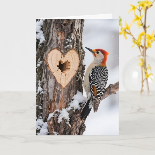 Woodpecker Beside Heart-Shaped Tree Hole Karte (Gelbe Blume)