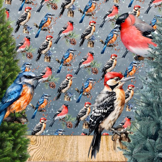 Woodpecker Bullfinch Blue Bird Erster Winterschnee Geschenkpapier Set
