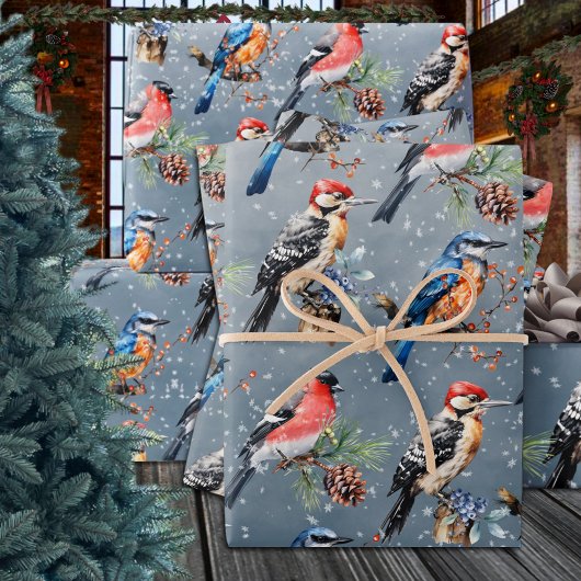 Woodpecker Bullfinch Blue Bird Erster Winterschnee Geschenkpapier Set