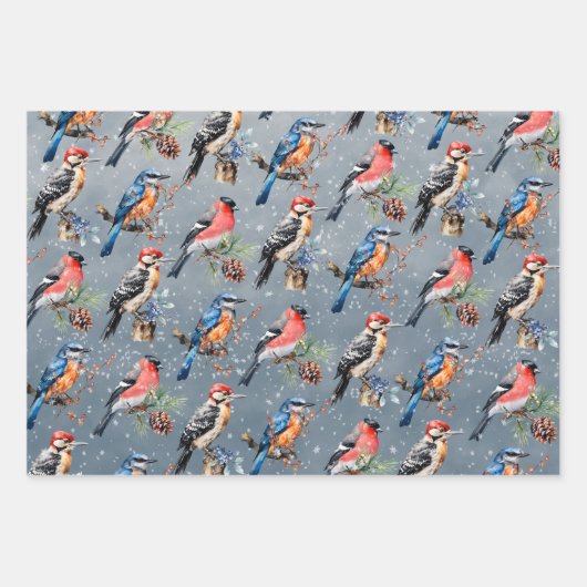 Woodpecker Bullfinch Blue Bird Erster Winterschnee Geschenkpapier Set (Vorderseite 2)