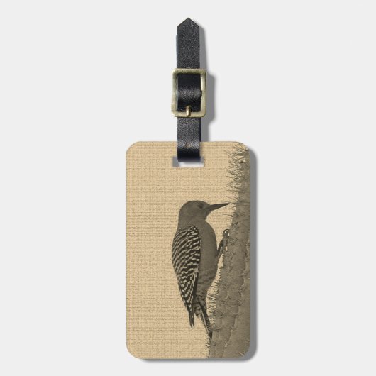 Woodpecker Foto Sepia Saguaro Cactus Arizona Gepäckanhänger (Vorderseite vertikal)