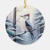 Woodpecker in Snowy Winter Woodland Weihnachten Keramik Ornament (Vorne)