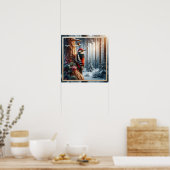 Woodpecker sits on a tree trunk poster (Küche)