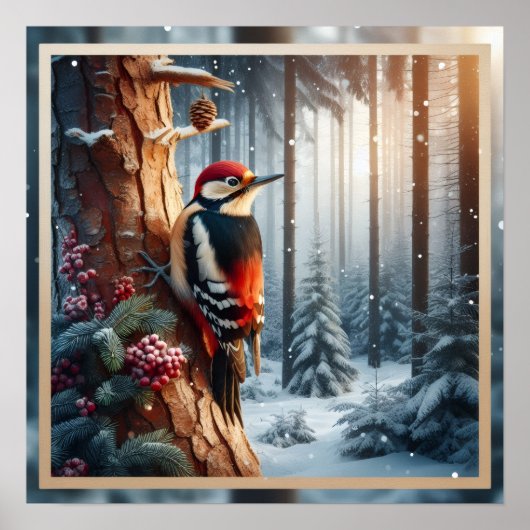 Woodpecker sits on a tree trunk poster (Vorne)