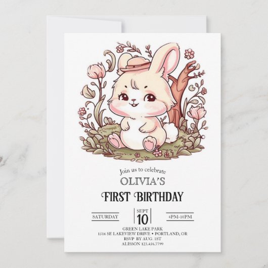 Woods Bunny 1. Geburtstag digital Einladung (Vorderseite)