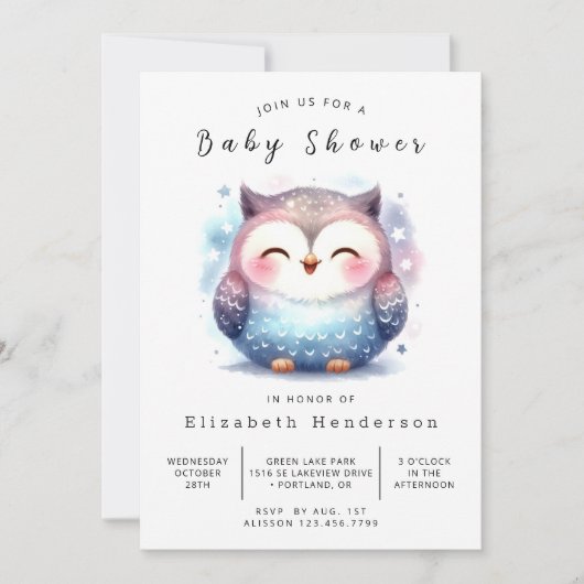 Woods Editable Owl Baby Dusche Einladung (Vorderseite)