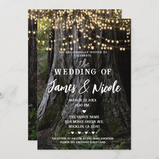 Woodsy Tree Sparkle Lights Forest Rustikale Hochze Einladung (Vorne/Hinten)