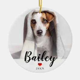 Woof | Sweet Red Heart mit Hunden Foto und Name Keramik Ornament