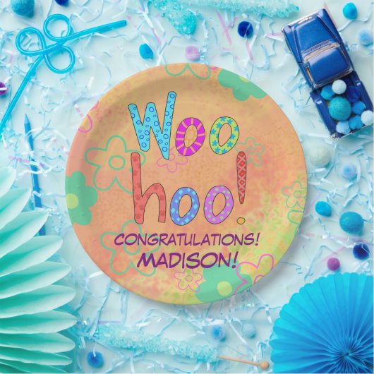 Woohoo Word Art Name Personalisiert Glückwunsch Pappteller (Party)