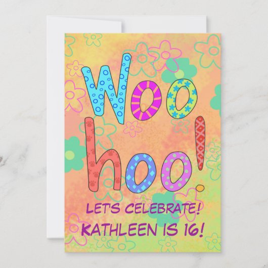WooHoo Word Art Sweet 16. Geburtstag Einladung (Vorderseite)